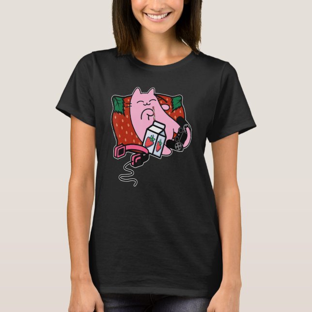 Erdbeere Zittern Erdbeere Milch Rosa Katze T-Shirt (Vorderseite)