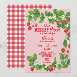 Erdbeere zum ersten Geburtstag (Rot & Rosa) Einladung