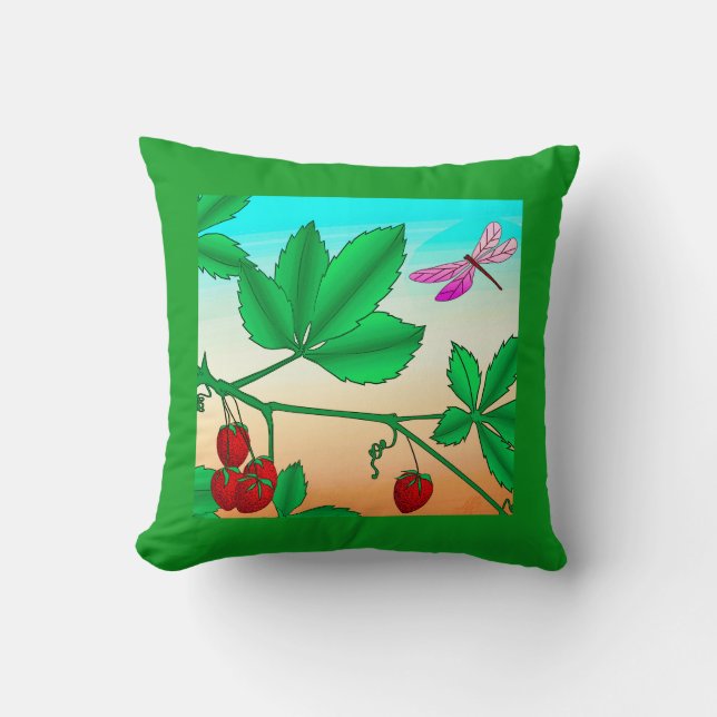 Erdbeeren an einer Branche und Libelle Kissen (Vorderseite)