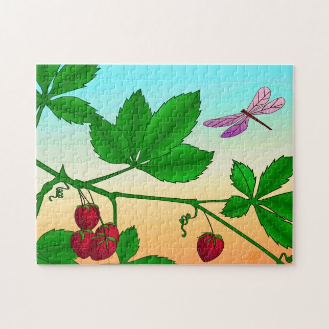 Erdbeeren an einer Branche und Libelle Puzzle (Horizontal)