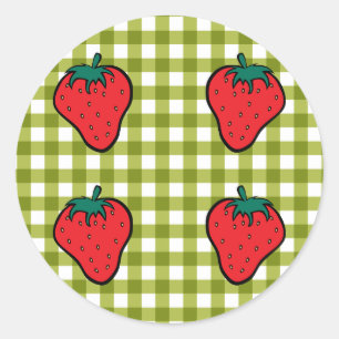 Erdbeeren auf Green Gingham Runder Aufkleber