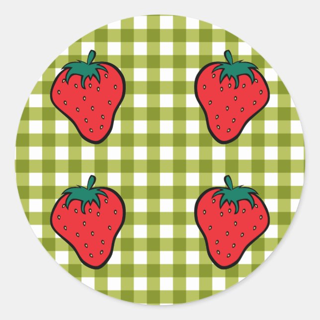 Erdbeeren auf Green Gingham Runder Aufkleber (Vorderseite)