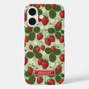 Erdbeeren auf grünem Monogramm iPhone 16 Hülle