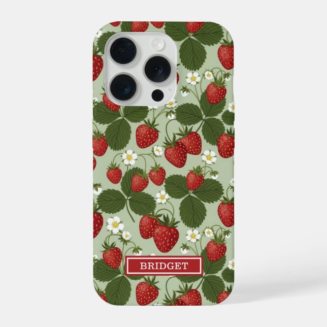 Erdbeeren auf grünem Monogramm iPhone Hülle (Rückseite)