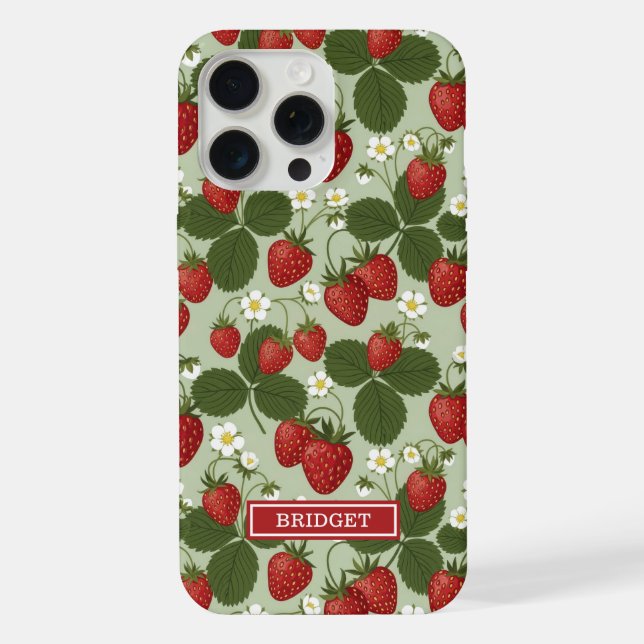 Erdbeeren auf grünem Monogramm iPhone Hülle (Rückseite)