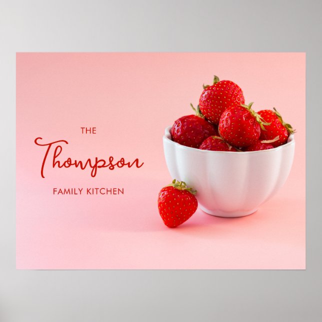 Erdbeeren auf rosafarbenem Foto Wohnküche Poster (Vorne)