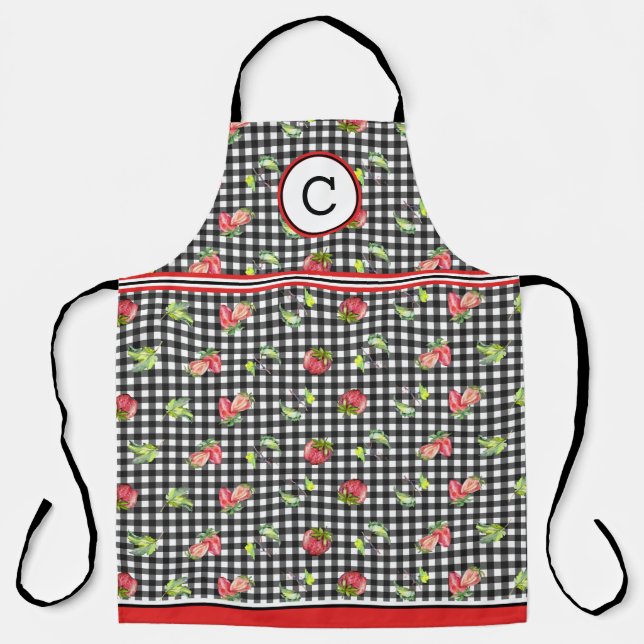 Erdbeeren auf schwarzem Gingham mit Monogramm Schürze (Vorderseite)