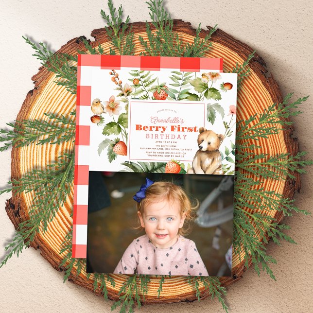 Erdbeeren & Bären Berry Erster 1. Geburtstag Foto Einladung (Von Creator hochgeladen)