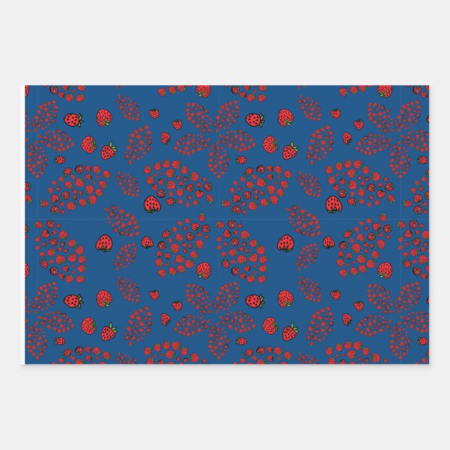 Erdbeeren-Blume auf blau Geschenkpapier Set (Vorderseite)