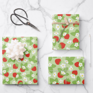 Erdbeeren Blumengrün Muster Geschenkpapier Set