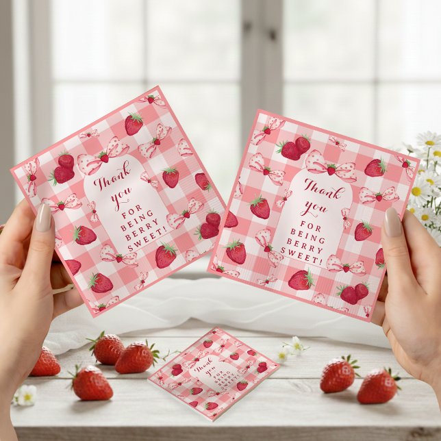 Erdbeeren Erster Geburtstag Rot Gingham Erdbeeren  Serviette (Berry First Birthday Red Gingham Strawberry Bows Napkins)