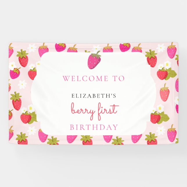 Erdbeeren Erster Geburtstag Willkommen Strawberry  Banner (Horizontal)