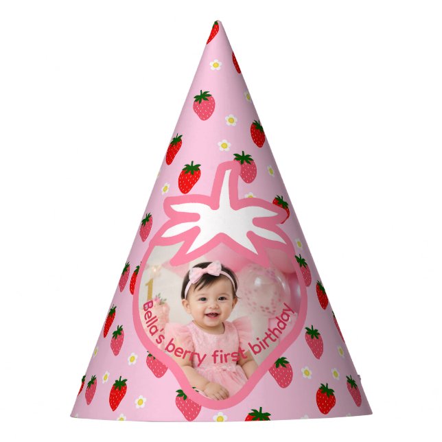 Erdbeeren Erstes Geburtstagsmädchen Erdbeeren Part Partyhütchen (Vorderseite)