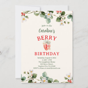 Erdbeeren Floral Erste Mädchen Geburtstag Einladung