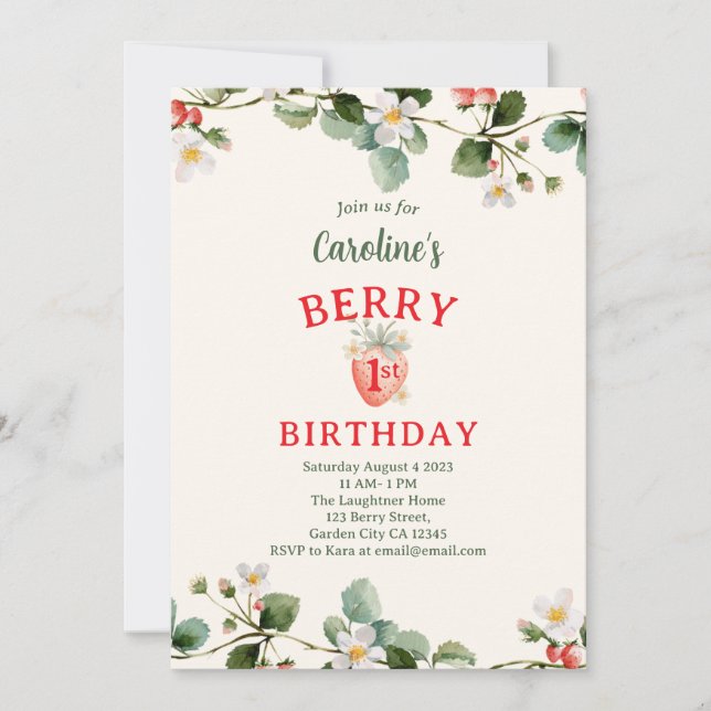 Erdbeeren Floral Erste Mädchen Geburtstag Einladung (Vorderseite)