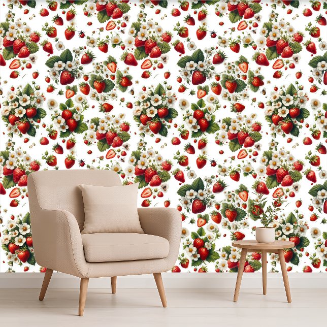 Erdbeeren Florale Botanische Cottage Tapete (Strawberry Floral Botanical Cottage Wallpaper)
