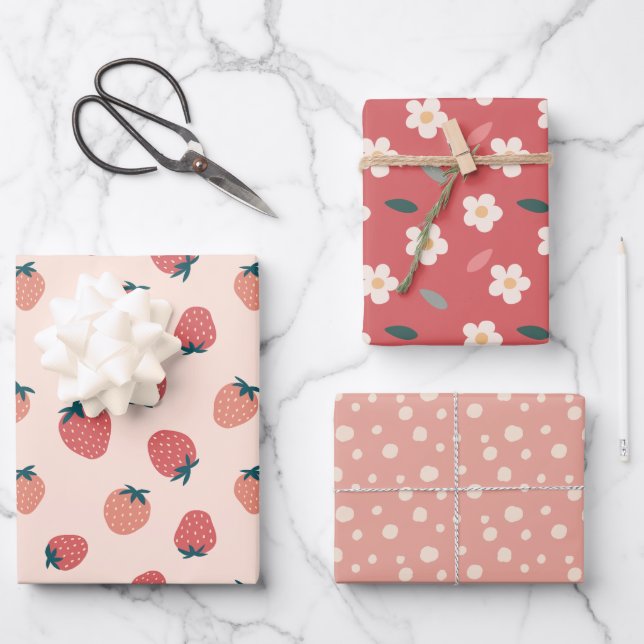 Erdbeeren, Florale und Abstraktes Muster Geschenkpapier Set (Vorderseite)