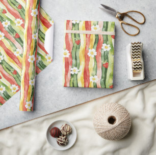 Erdbeeren Gänseblümchen Rot Grün Gelb Geburtstag Geschenkpapier