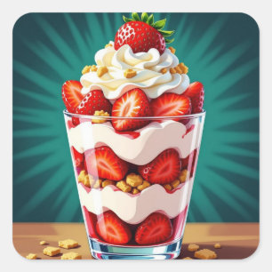 Erdbeeren-, Granola- und Schlagsahne-Parfait Quadratischer Aufkleber