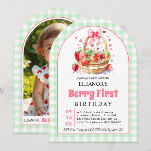 Erdbeeren grün Gingham Beere Erster Geburtstag Einladung