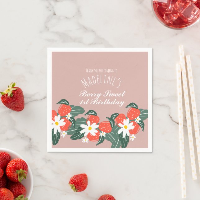 Erdbeeren Handgezogener botanischer Geburtstag Serviette (Beispiel)