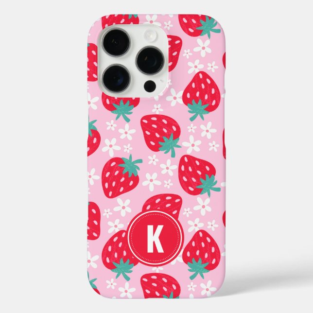 Erdbeeren im Blumenmuster mit Monogramm in Rosa un Case-Mate iPhone Hülle (Rückseite)