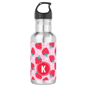 Erdbeeren im Blumenmuster mit Monogramm in Rosa un Edelstahlflasche
