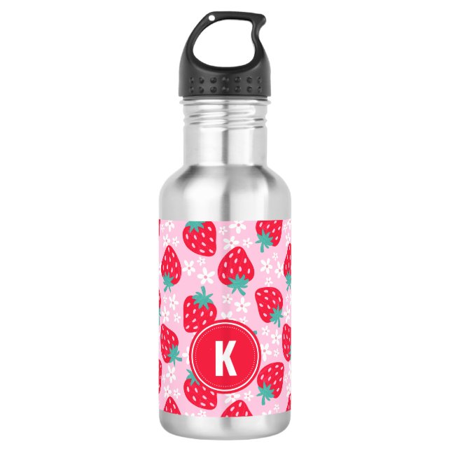 Erdbeeren im Blumenmuster mit Monogramm in Rosa un Edelstahlflasche (Vorderseite)