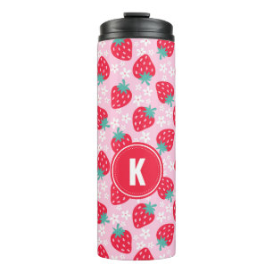 Erdbeeren im Blumenmuster mit Monogramm in Rosa un Thermosbecher