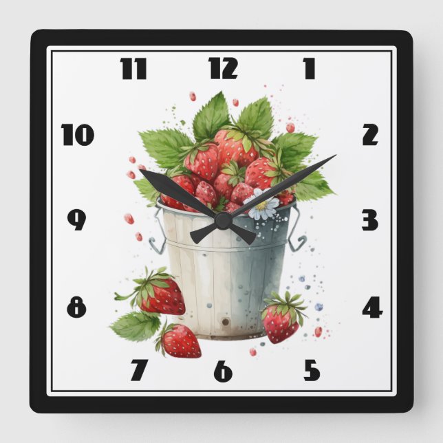 Erdbeeren in einem Eimer Quadratische Wanduhr (Vorderseite)