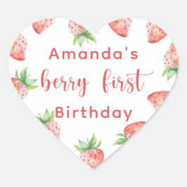 Erdbeeren in Wasserfarben 1. Geburtstag Party Herz-Aufkleber