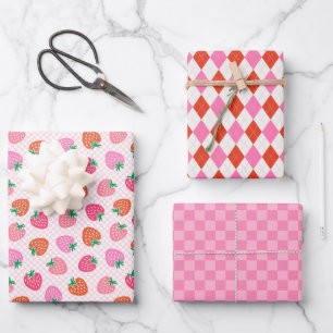 Erdbeeren Karo & Raute Weihnachten Rosa & Rot Geschenkpapier Set