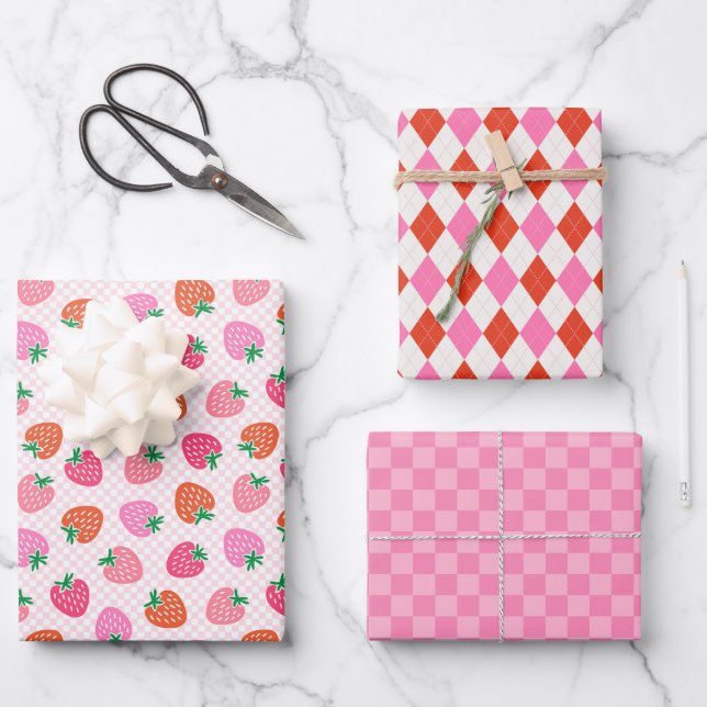 Erdbeeren Karo & Raute Weihnachten Rosa & Rot Geschenkpapier Set (Vorderseite)