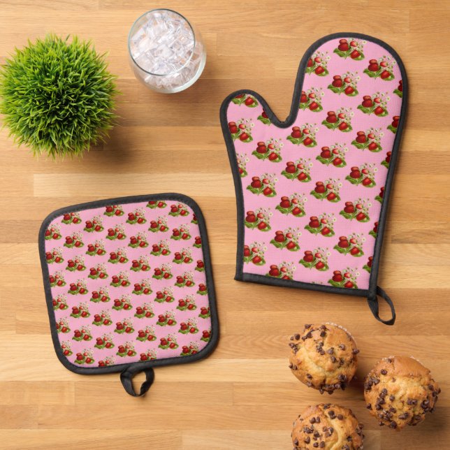 Erdbeeren Land  Ofenhandschuh & Topflappen-Set (Oben Unten)