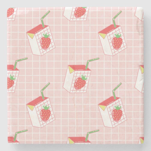 Erdbeeren Milk Cartoon: Spielerische Muster Steinuntersetzer (Vorderseite)