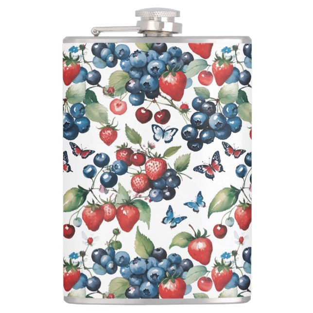 Erdbeeren mit Blaubeeren und Schmetterlingen Flachmann (Vorderseite)