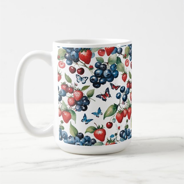 Erdbeeren mit Blaubeeren und Schmetterlingen Kaffeetasse (Links)