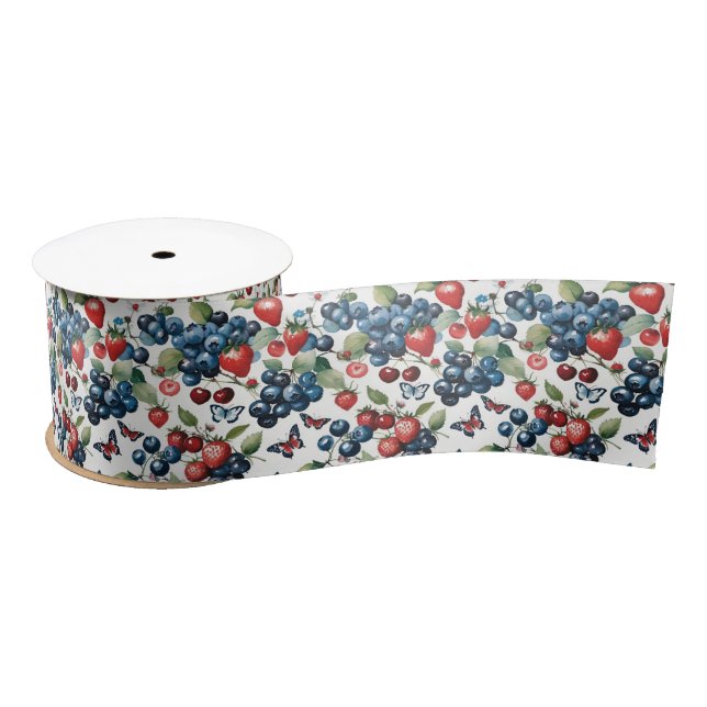 Erdbeeren mit Blaubeeren und Schmetterlingen Satinband (Spule)