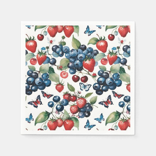 Erdbeeren mit Blaubeeren und Schmetterlingen Serviette (Vorderseite)