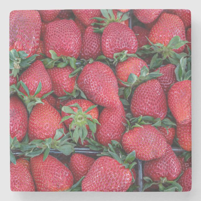 Erdbeeren mit grünen Blättern Steinuntersetzer (Vorderseite)