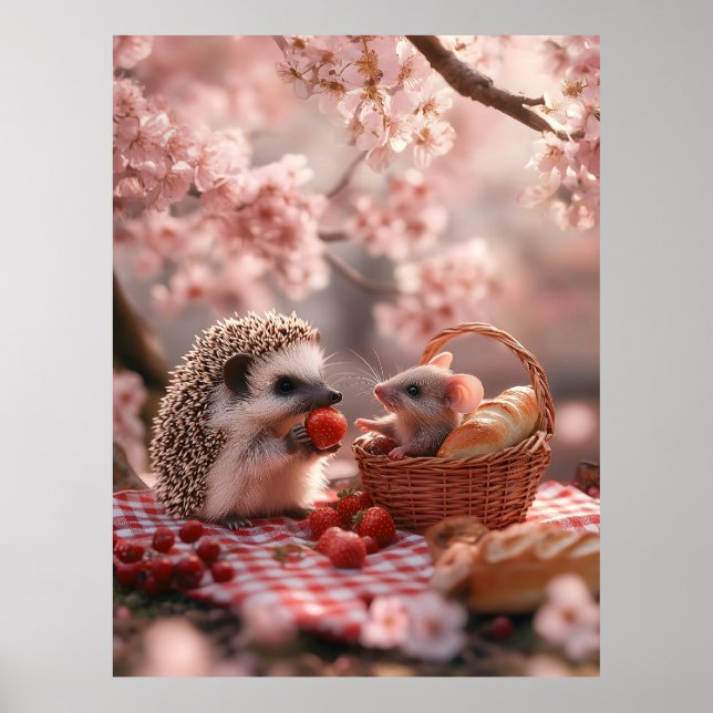 Erdbeeren mit Igel und Maus - Picnic Poster (Vorne)