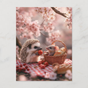 Erdbeeren mit Igel und Maus - Picnic Postkarte