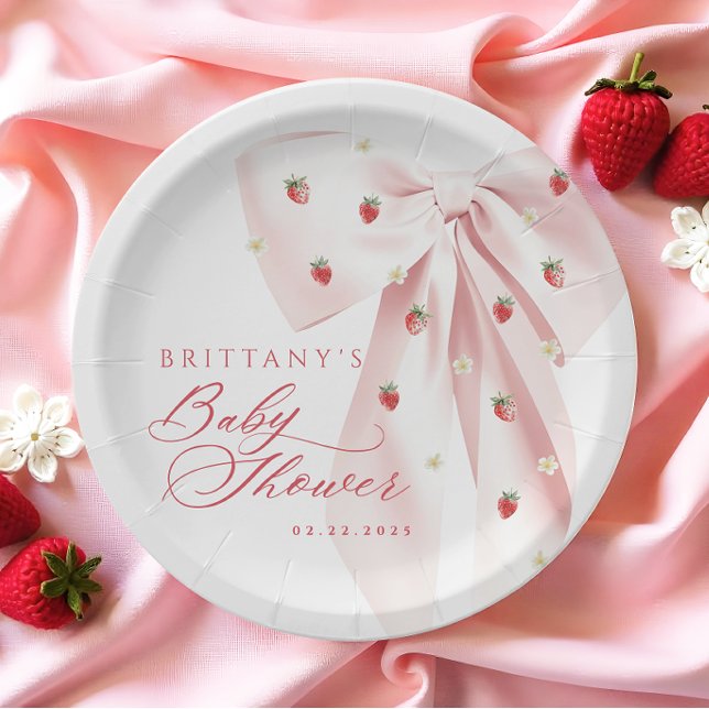 Erdbeeren mit rosa Schleife Baby Shower Pappteller (Von Creator hochgeladen)