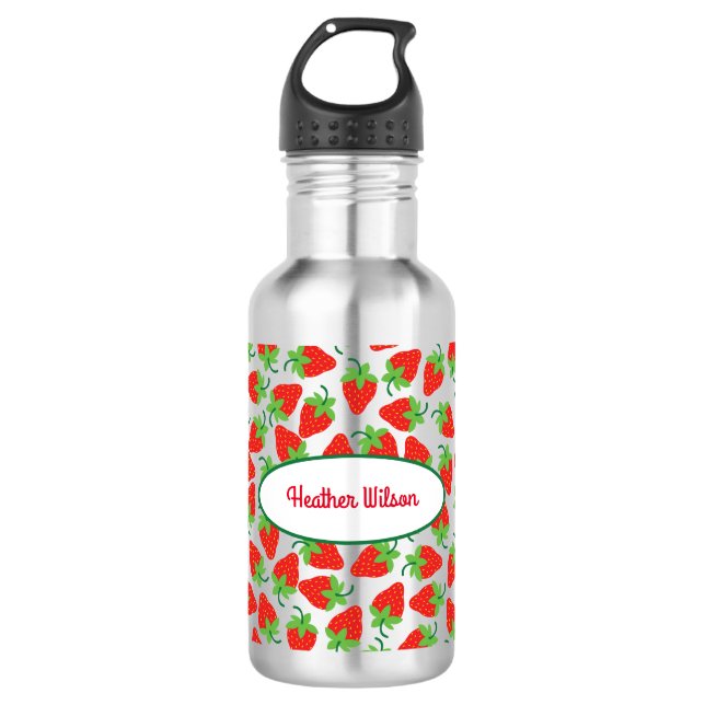 Erdbeeren Niedlich Kinder Wasserflasche mit Name (Vorderseite)