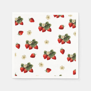 Erdbeeren-Papierservietten mit Blüten auf weiß Serviette