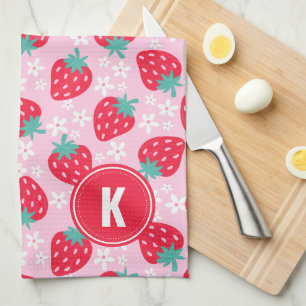 Erdbeeren Pink Rot Florales Muster Monogramm Geschirrtuch