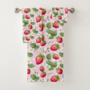Erdbeeren Rosa Rot Weiß Florales Grün Badhandtuch Set