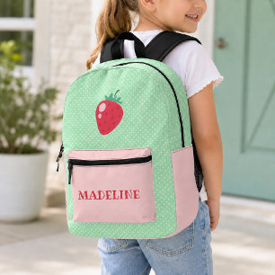 Erdbeeren Rosa und Mintgrün Gepunktete Mädchen Bedruckter Rucksack