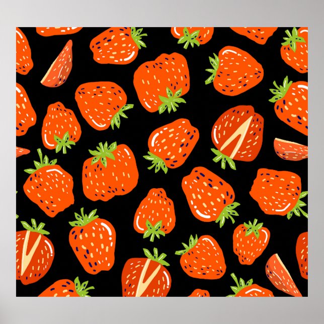 Erdbeeren Schwarz: Vintage Nahtlose Textur Poster (Vorne)