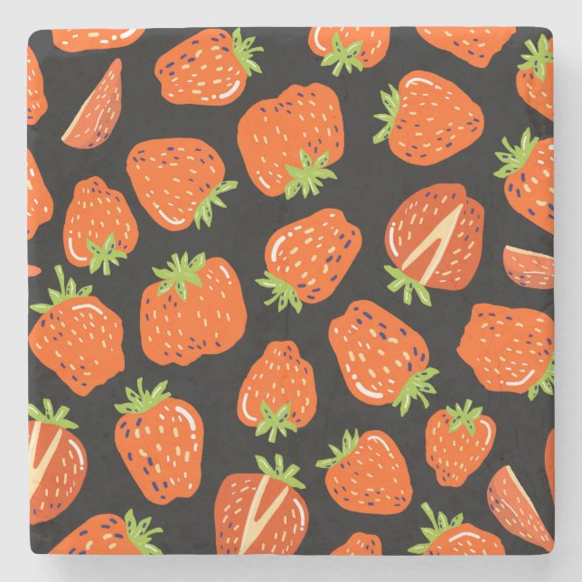 Erdbeeren Schwarz: Vintage Nahtlose Textur Steinuntersetzer (Vorderseite)
